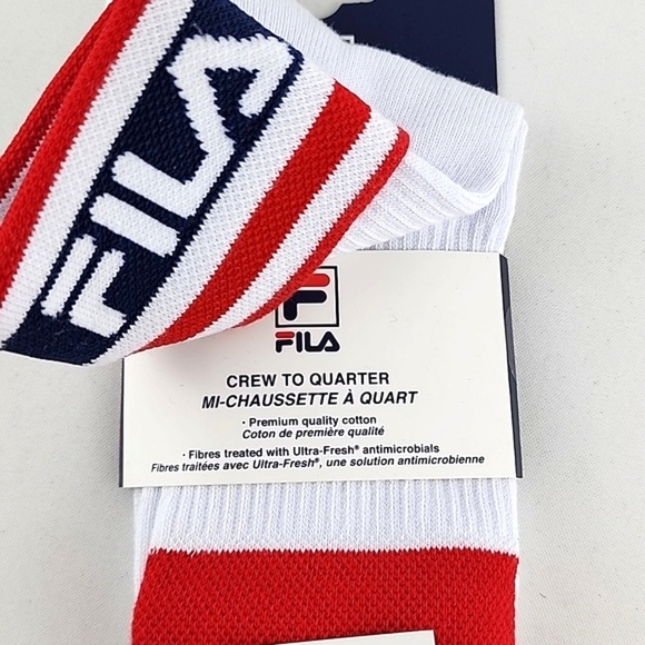 ⭐3/ $30⭐ FILA Heritage Unisex 2 Designs In 1 Crew To Quarter Cotton Socks White - Picture 5 of 8